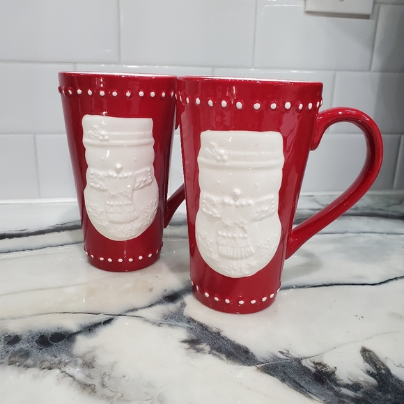 Hallmark Holiday Christmas Snowman Mugs Set of 2 Red and White - Picture 3 of 11
